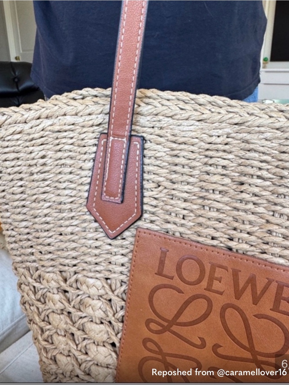 Natural Woven Raffia Loewe Tote with Genuine Leather Trim - Natural Straw Color - Picture 6 of 7